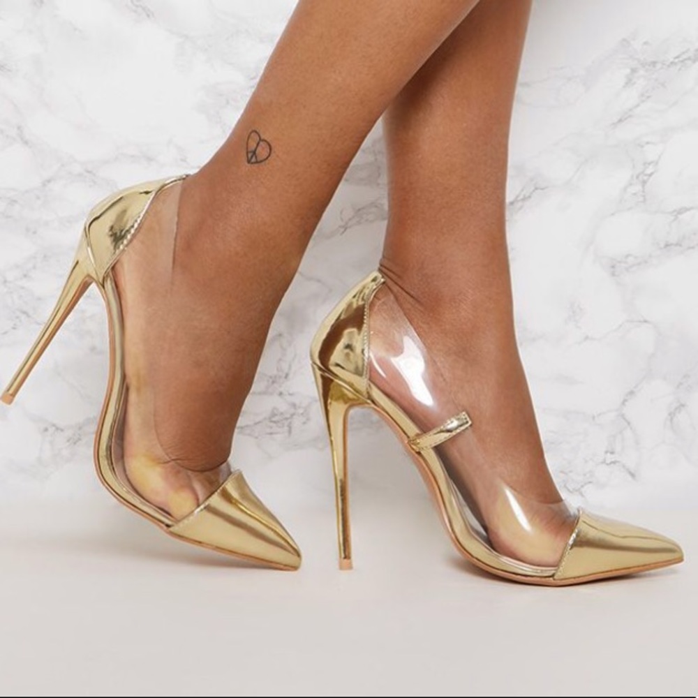 New in box Pretty Little Thing gold heels